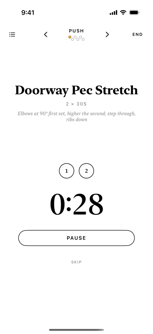 A mobility stretch with its countdown running.