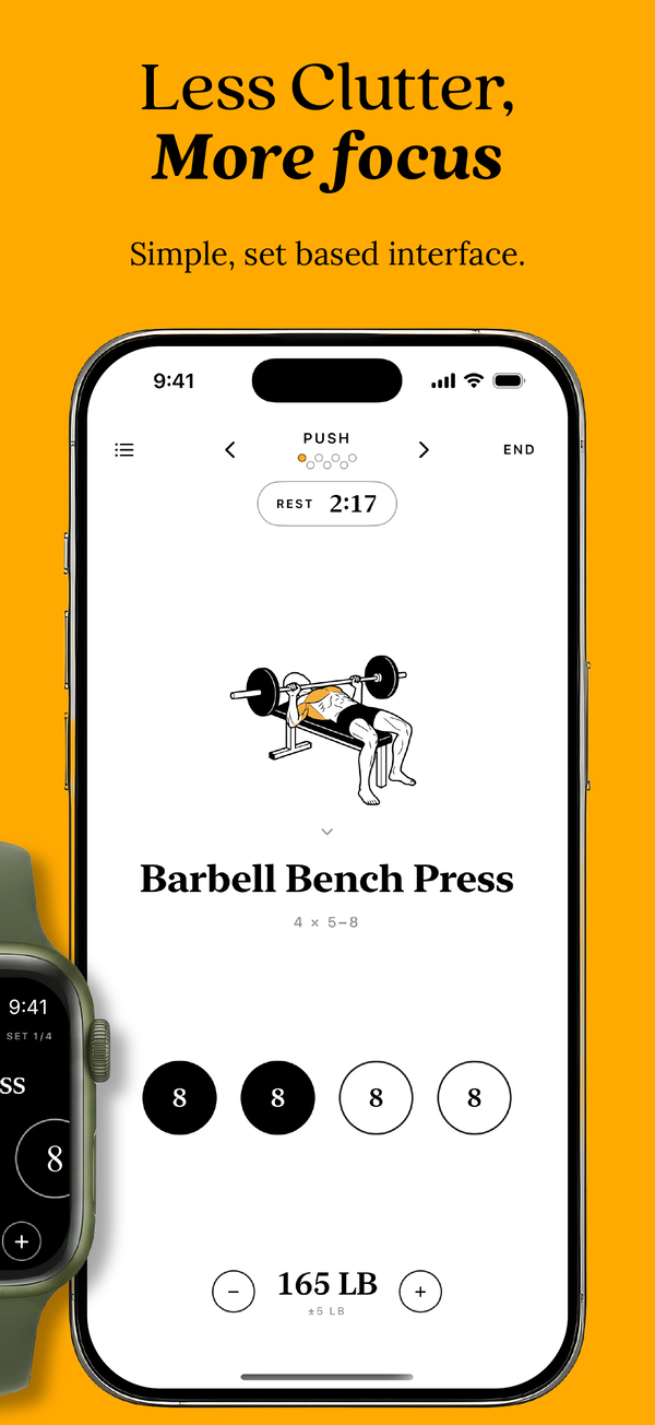 App Store page two: Less clutter, more focus. A simple, set-based interface. The Barbell Bench Press page with its set circles.