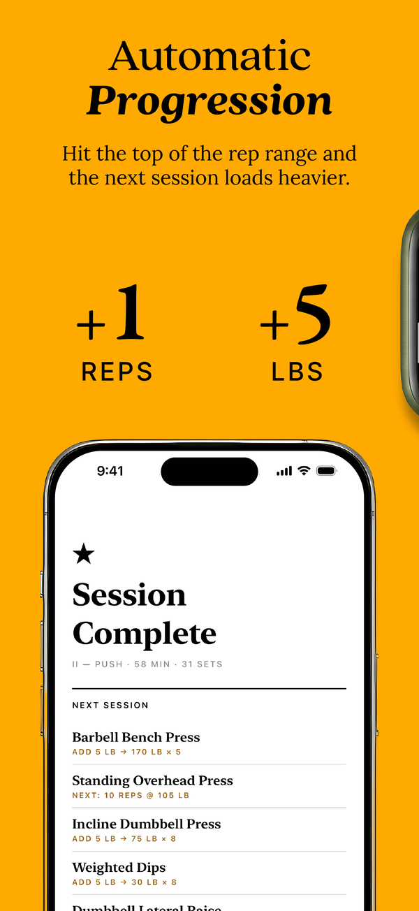 App Store page three: Automatic progression. Plus one rep, plus five pounds, and the Session Complete screen listing next session's targets.