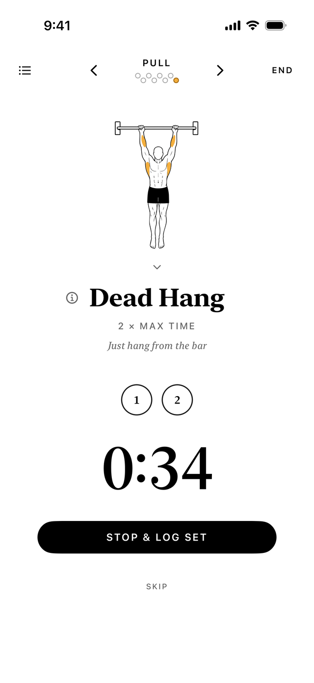 A dead hang on the phone: a stopwatch counting up, over a Stop and Log Set button.