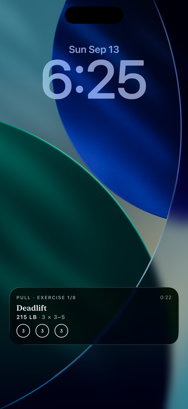 The Lock Screen mid-workout: Pull, exercise one of eight, Deadlift at 215 pounds for three sets of three to five, with a circle for each set to tap.