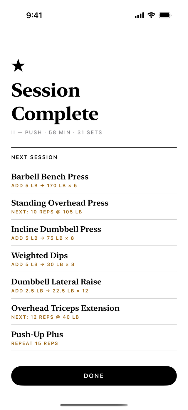 Session Complete: the day, its length and set count, and under Next Session each lift's new target, such as add 5 lb for 170 lb by 5.