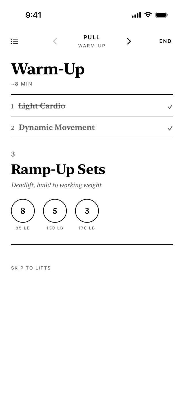 The warm-up's ramp-up sets, each rung's weight and reps computed from the first lift's working weight.