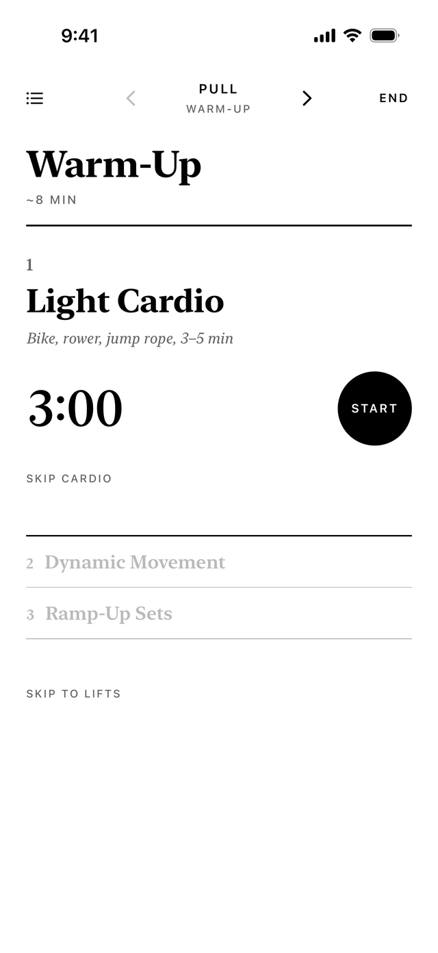 The warm-up page: a three-minute cardio clock with a Start button, and under it the day's dynamic movements and ramp-up sets waiting their turn.