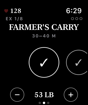 Farmer's Carry on the watch, thirty to forty metres: a set checked off, with the weight at 53 lb.