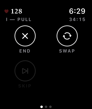 The watch's controls page: End, Swap and Skip, with the day and the session clock across the top.