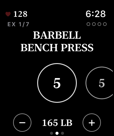 Barbell Bench Press on the watch at the start of a lift: set circles at 5, and the weight at 165 lb.